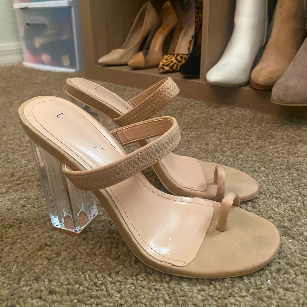 Nude, clear heel sandals